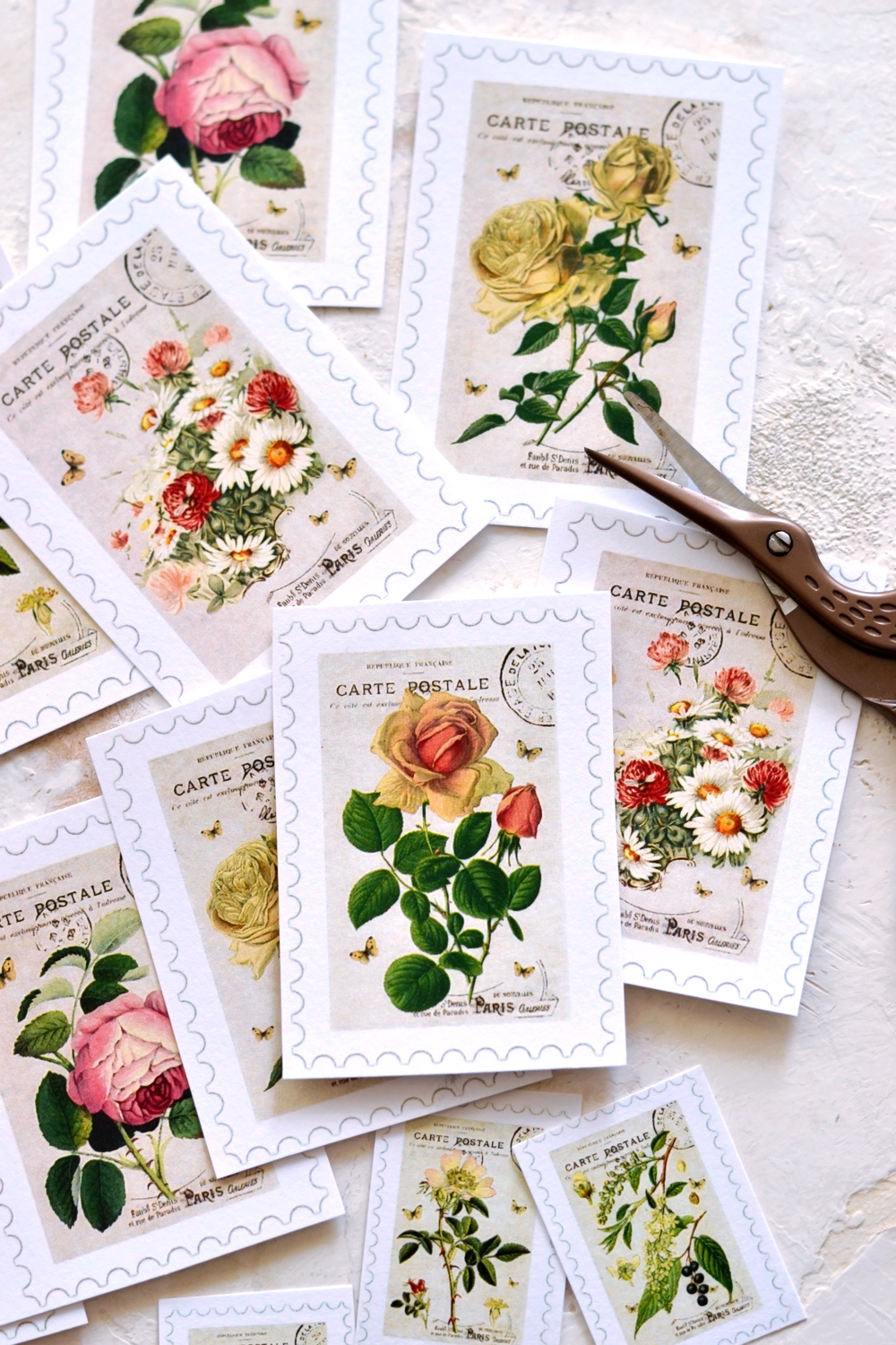 floral Postage Stamps and scissors