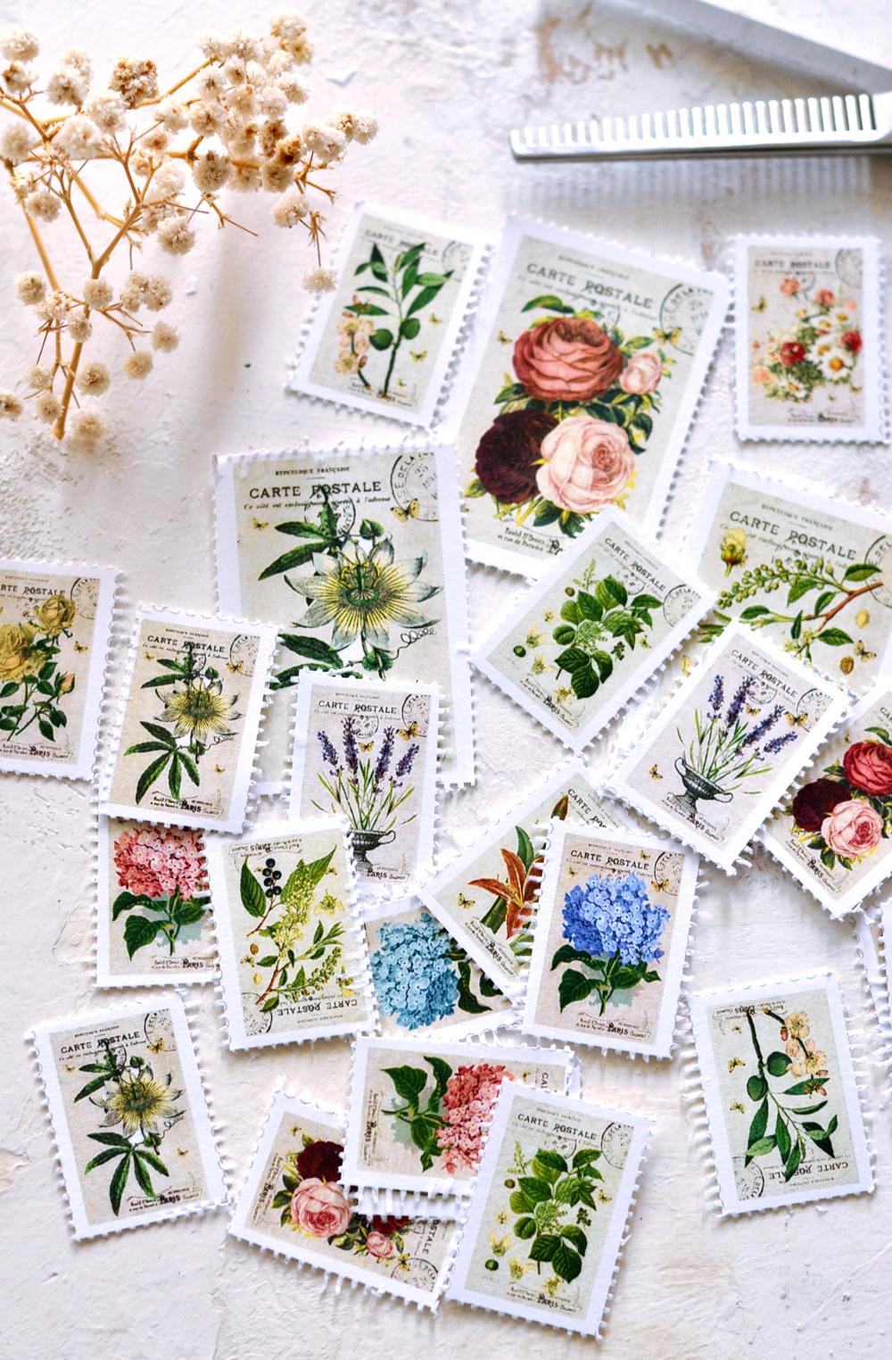 VINTAGE DECORATIVE FRENCH Faux Postage Stamps Floral Faux Stamps Stamps  Handmade Vintage Botanical From France Wedding Detail Photos 