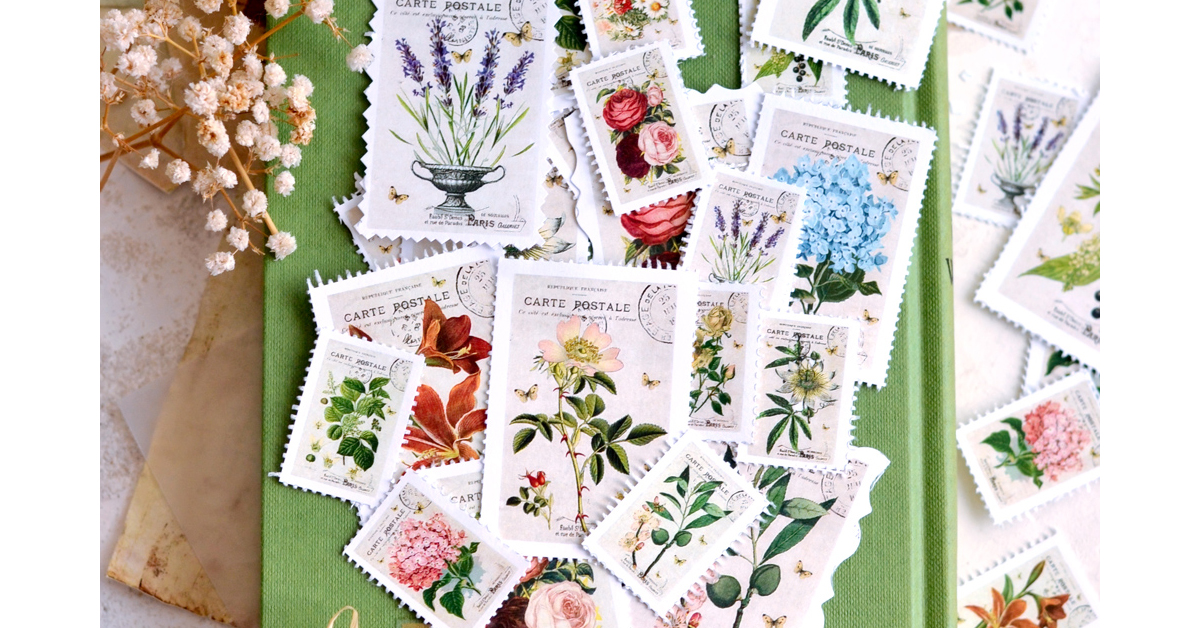 Floral Stickers Vintage Faux Stamps Graphic by Summer Digital