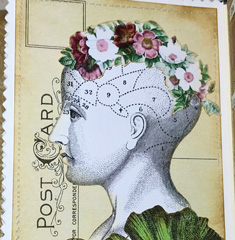 Postcard with phrenology head and flowers