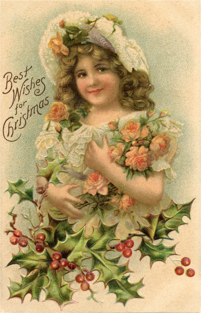 Vintage Girl Christmas Flowers Illustration