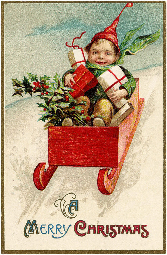 christmas boy sled packages holly image