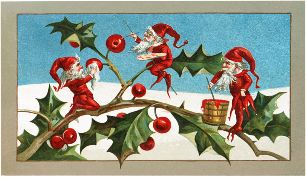 Vintage Elves Holly Illustration