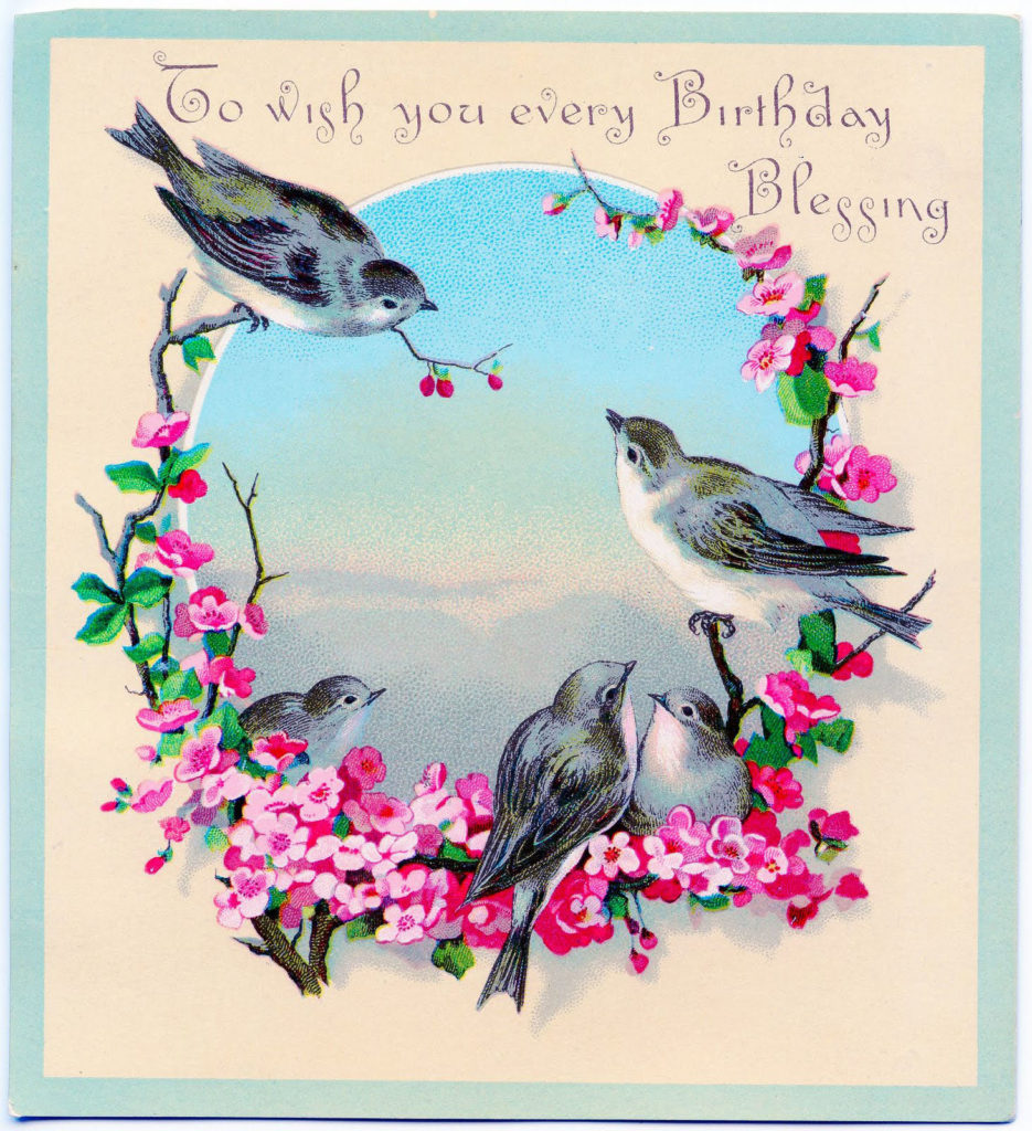 Birds Flowers Birthday Vintage Clipart