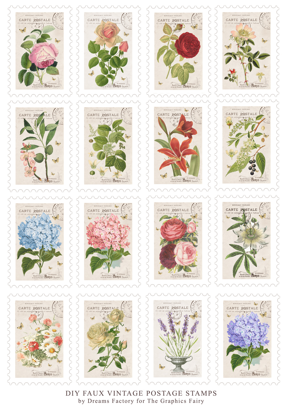 retro post stamps Fabric