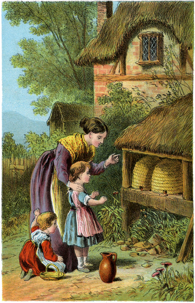 antique beehive mother daughter illustration