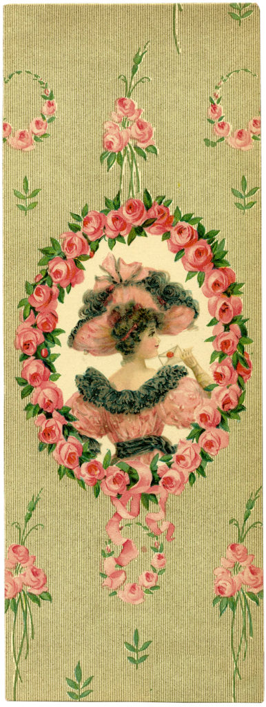 Vintage Pink Lady Hat Gown Wreath Frame Illustration