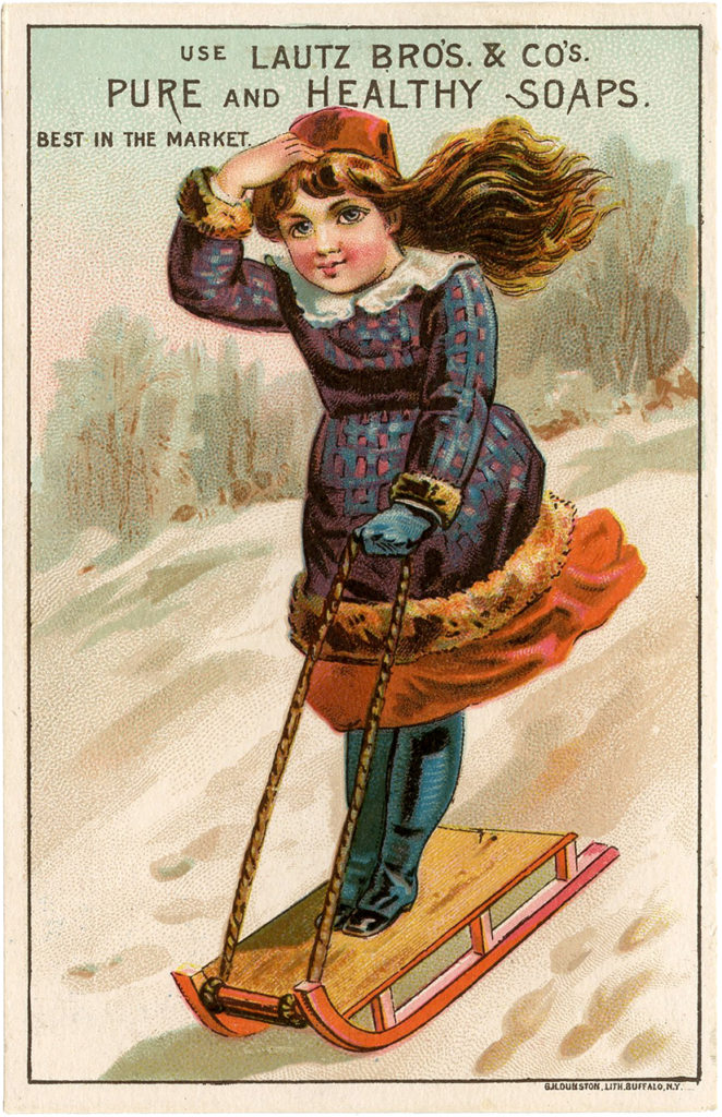 vintage girl sledding winter image