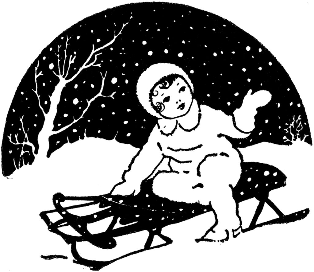 vintage sledding black white clipart