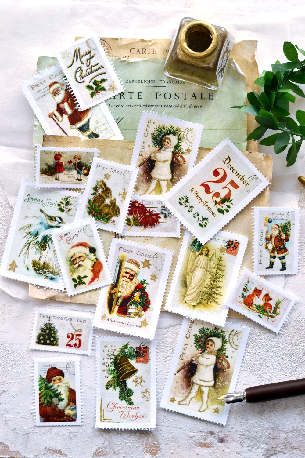 VINTAGE DECORATIVE FRENCH Faux Postage Stamps Floral Faux Stamps