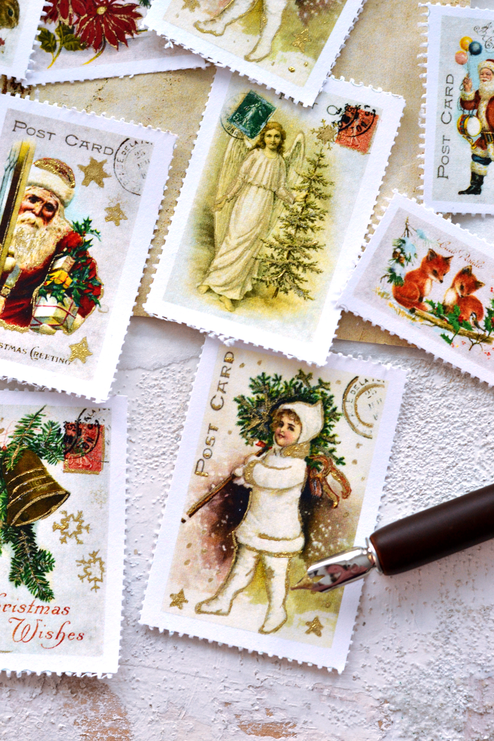 Christmas Vintage Postcard with Postage Stamps - for design scrapbook.  Download a Free Preview or High Quality…