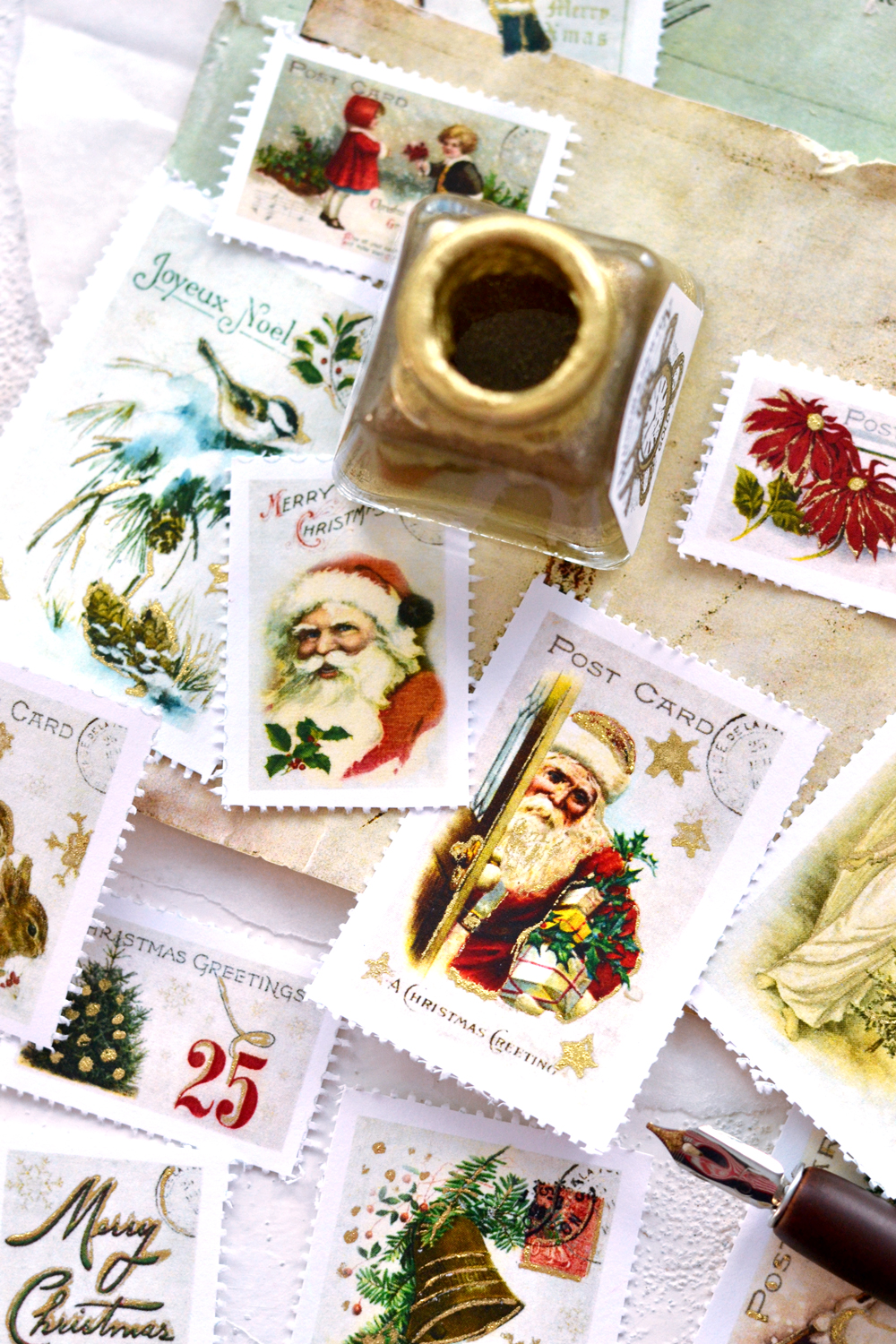 Christmas Vintage Postcard with Postage Stamps - for design scrapbook.  Download a Free Preview or High Quality…