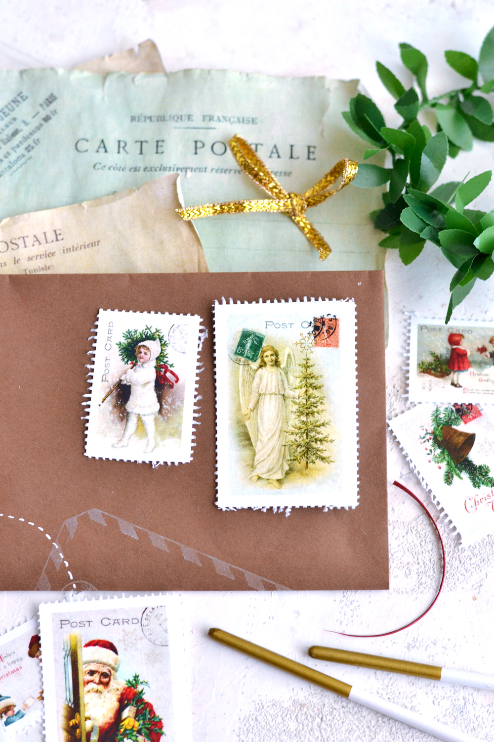 Christmas postage stamps on table