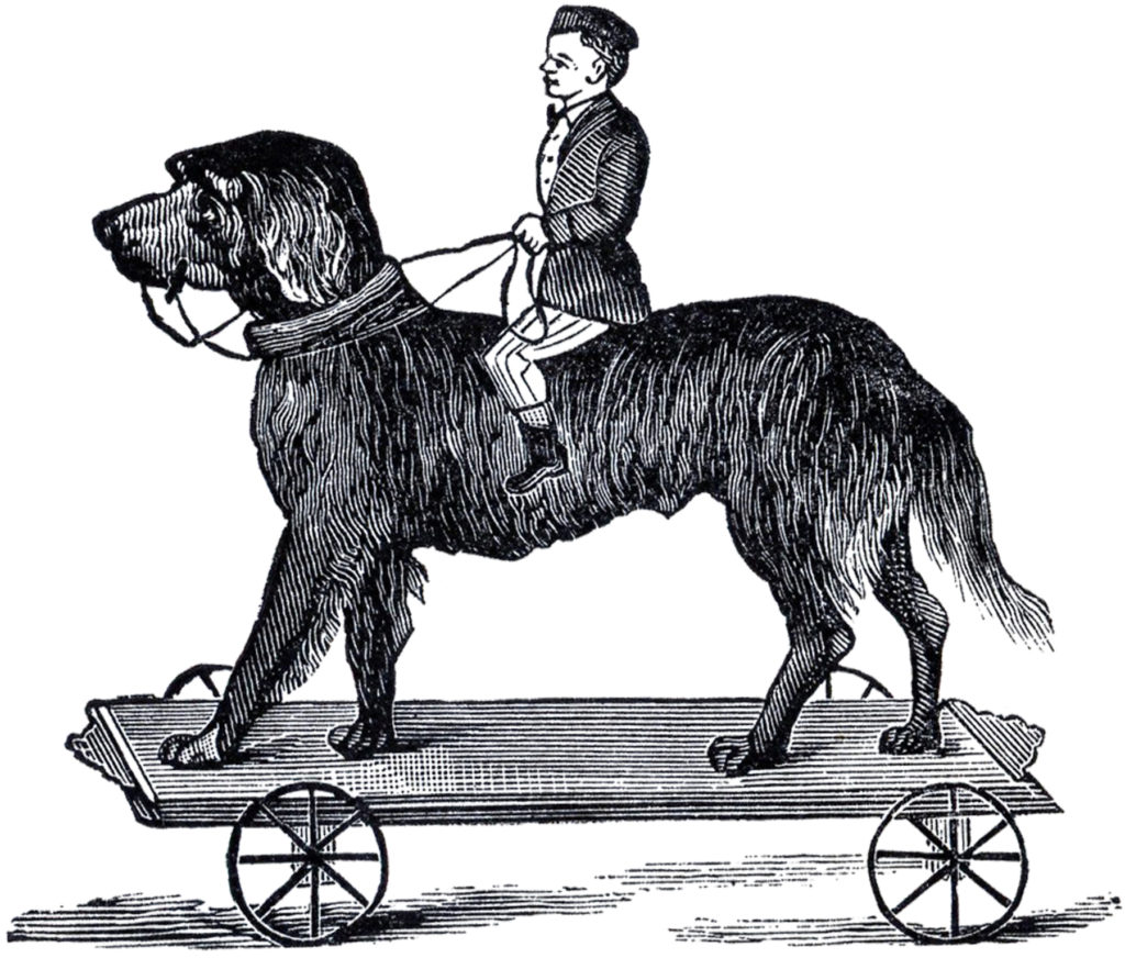 vintage pull toy man riding dog clipart