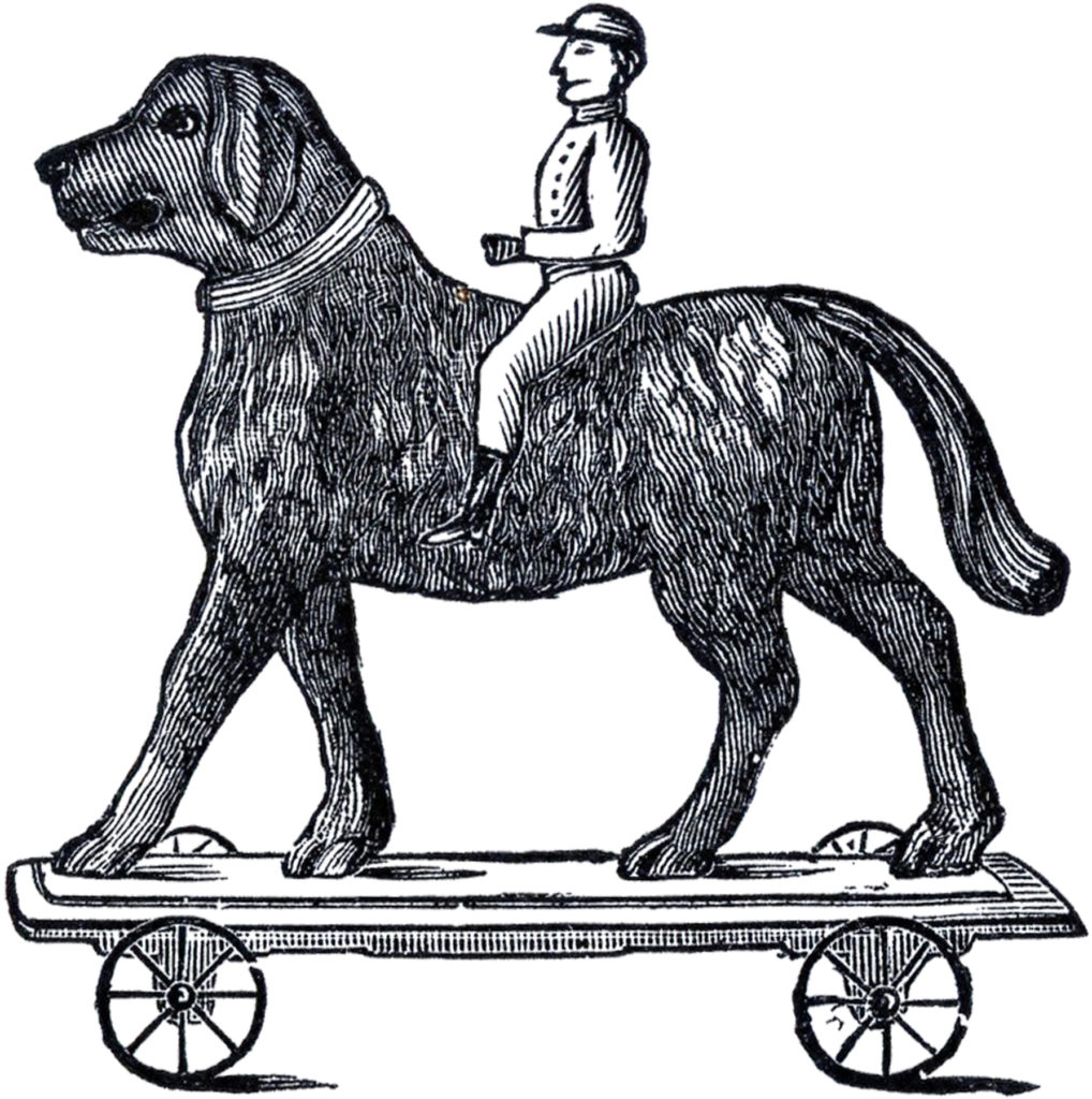 antique pull toy black white illustration