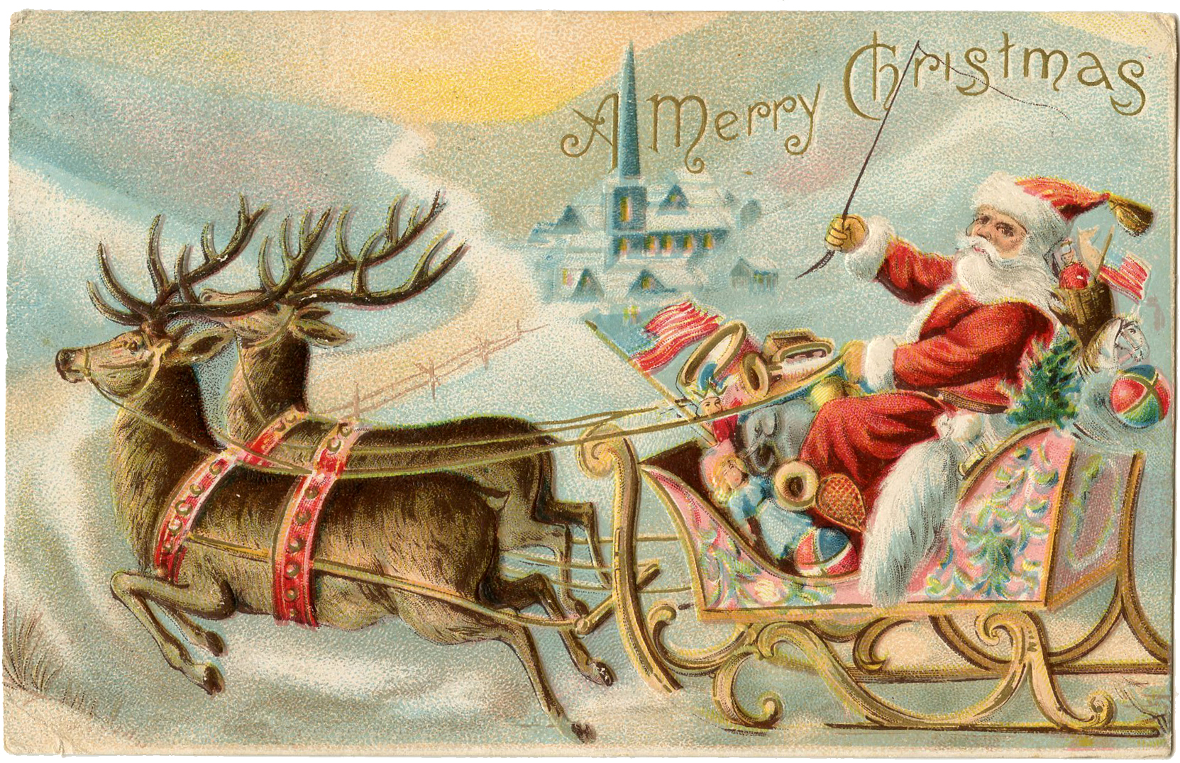 Vintage Christmas Postcard with a Beautiful Santa and Raindeer Sleigh Digit...