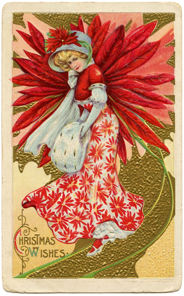 poinsettia lady vintage illustration