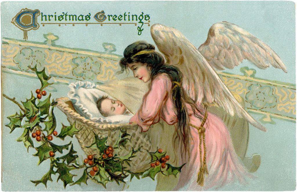 vintage angel baby Christmas holly clipart