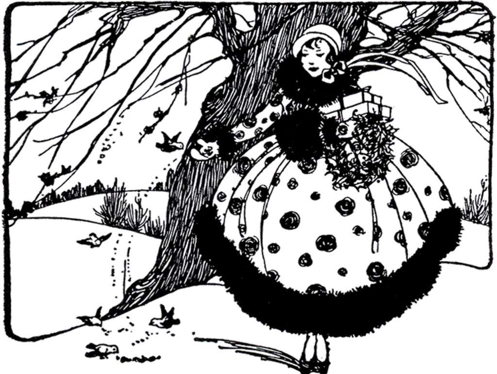 vintage Christmas lady birds black white clipart