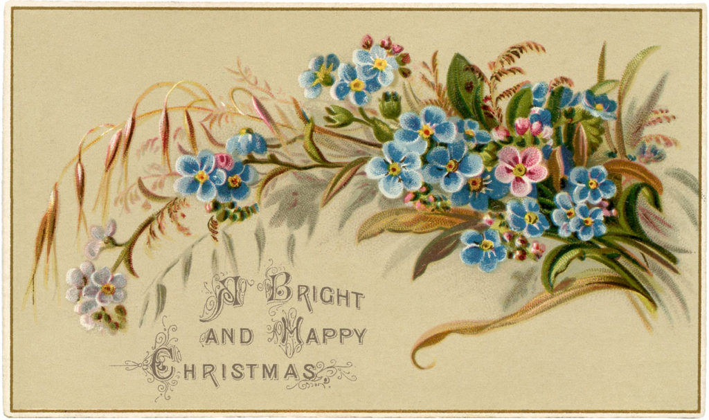 vintage floral spray blue Christmas illustration