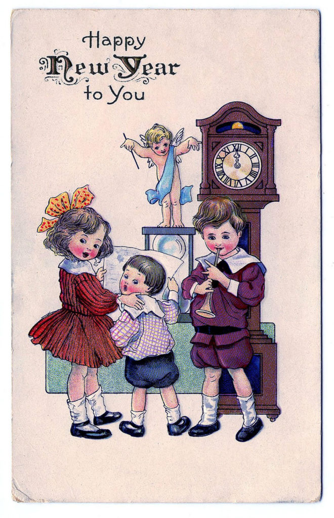 new year vintage clock angel cherub illustration