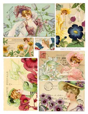 Beautiful Ladies Collage with flowers postcards