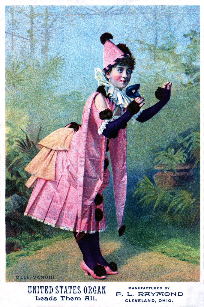 antique pink clown masquerade girl illustration