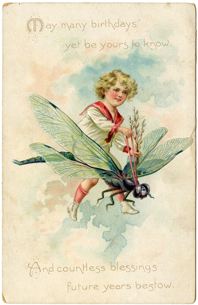 Birthday Boy Riding Dragonfly Vintage Clipart