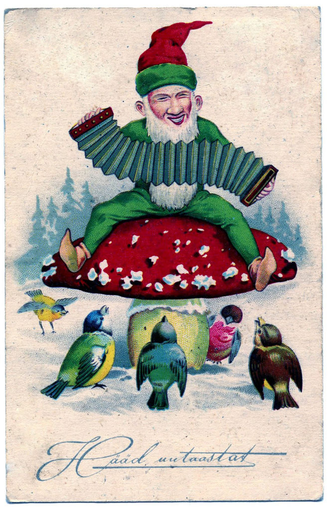 vintage gnome mushroom birds snow image