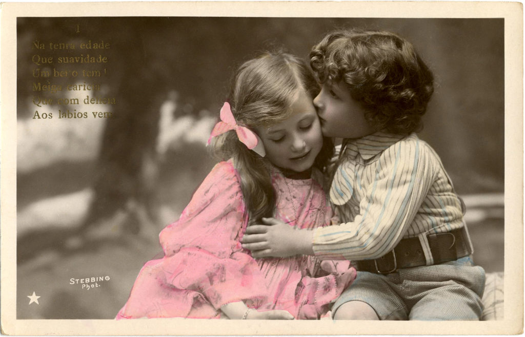 sweet children kiss vintage photo image