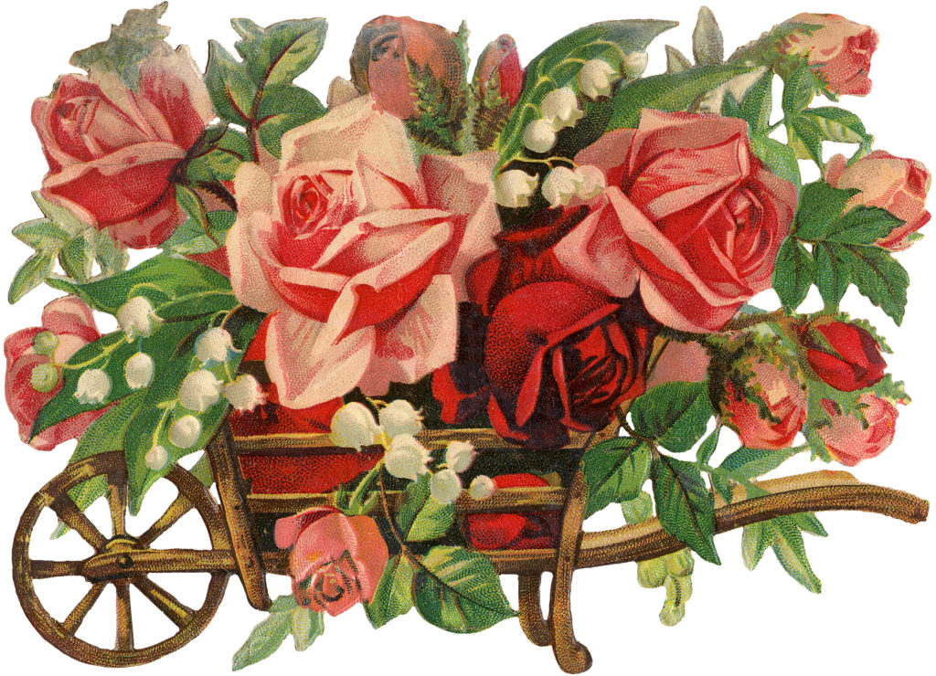 vintage roses lily of the valley bouquet wheelbarrow image