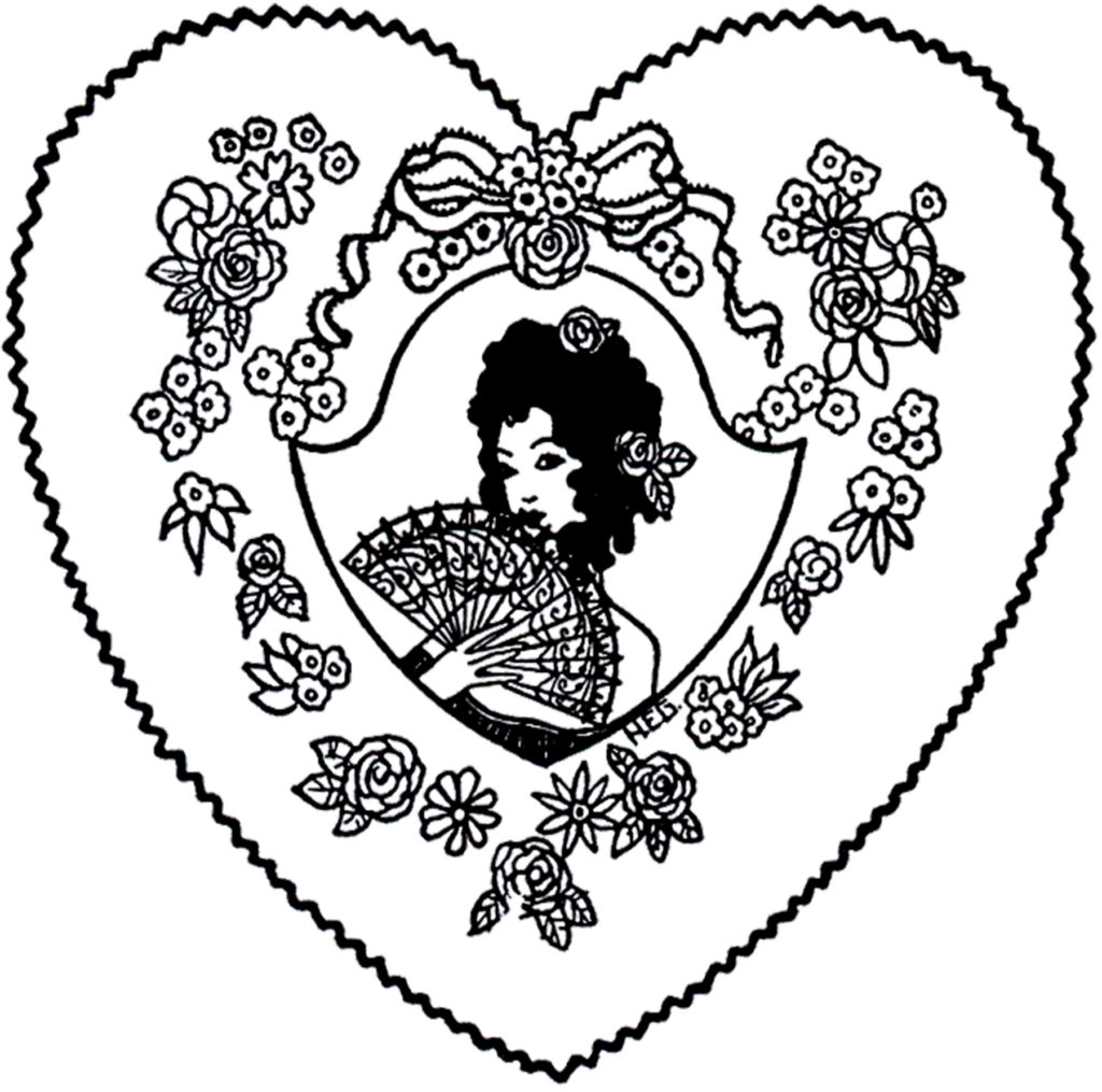 Vintage Lady Fan Heart Black White Clipart