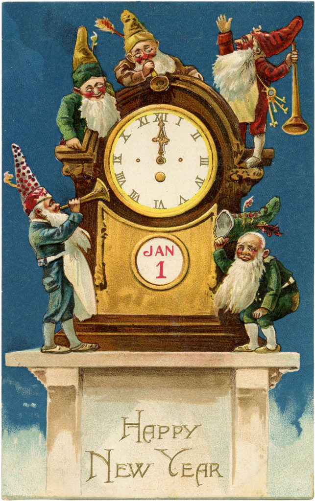 vintage New Years Gnomes clock Clipart