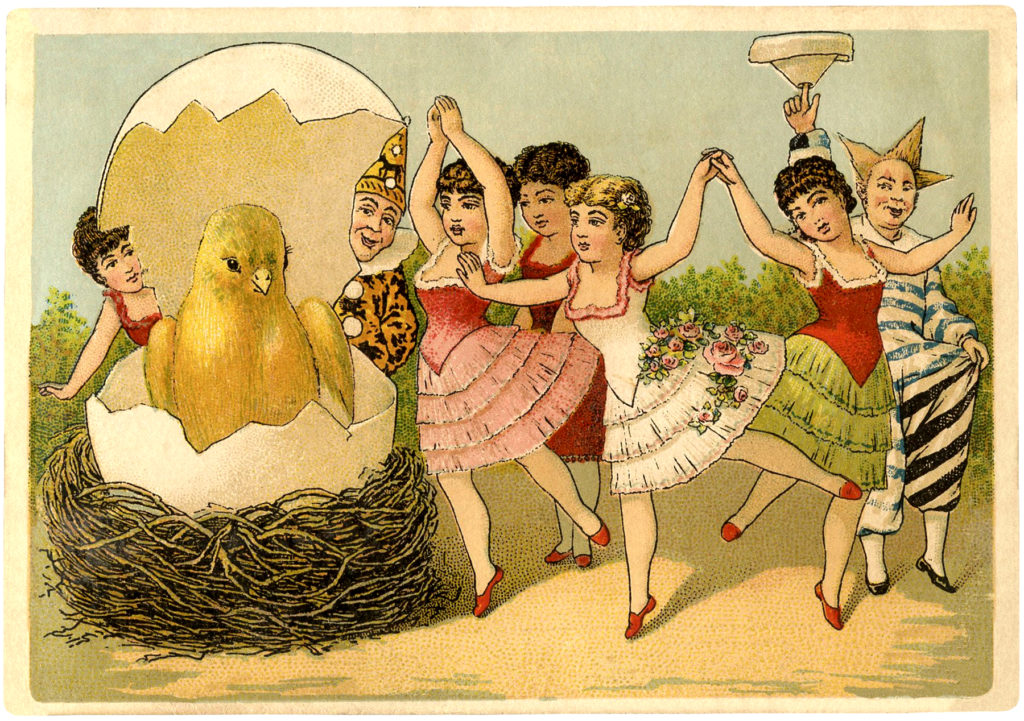 Ladies dancing around hatching egg