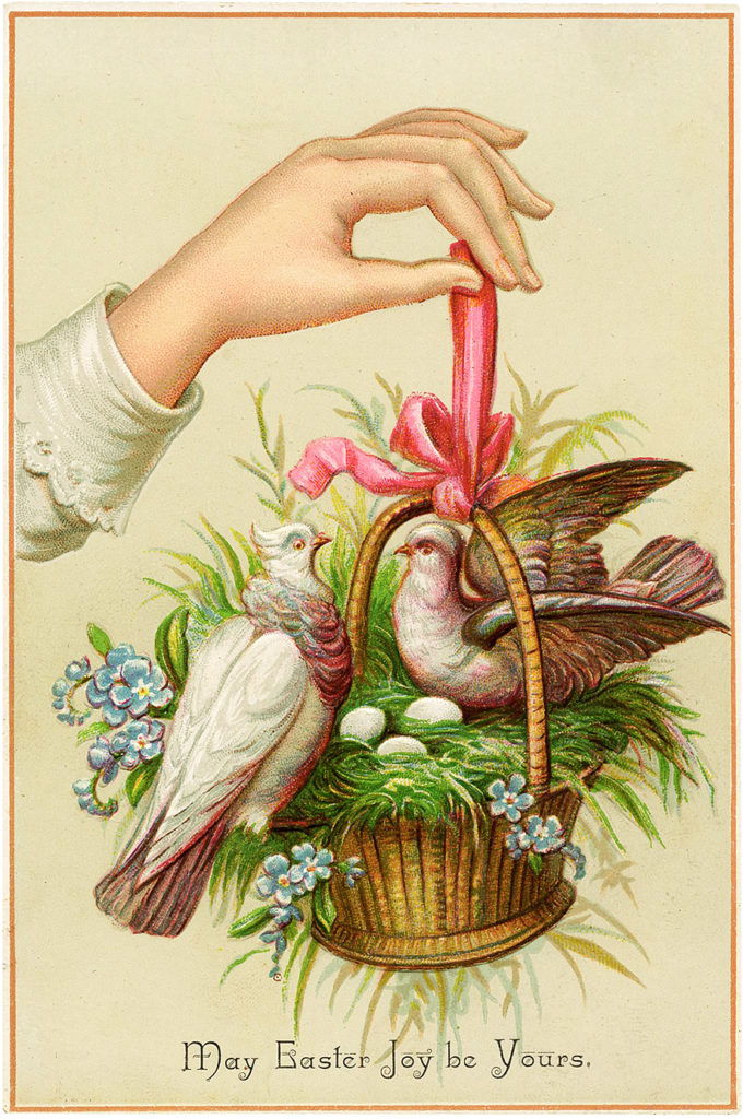 Easter basket birds eggs flowers ribbon illustration