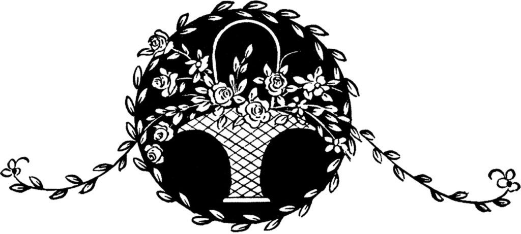 vintage floral basket black white clipart