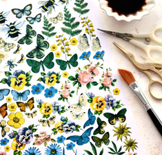 Vintage Spring Stickers with Butterflies and flowers