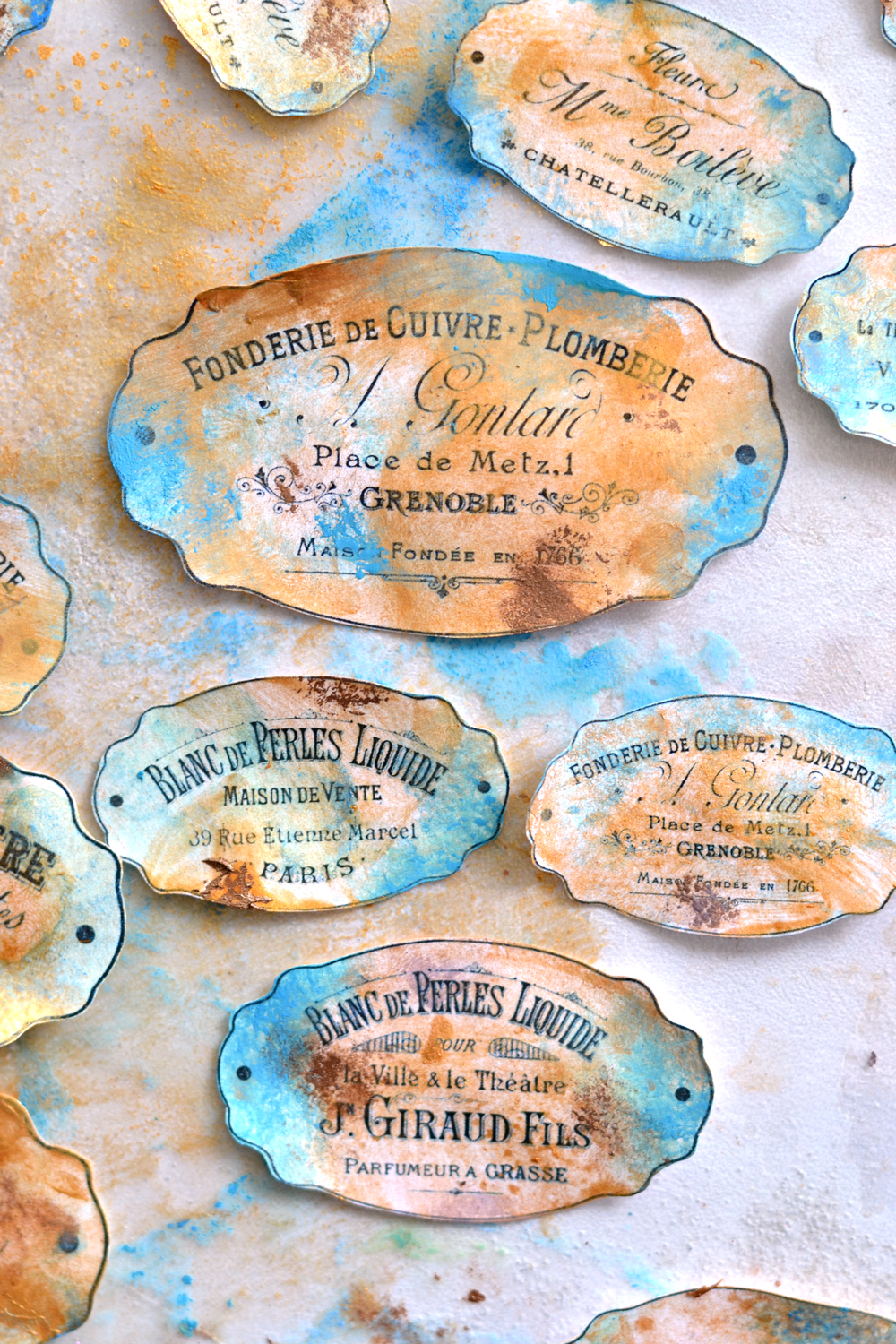 DIY Faux Blue Patina French Labels