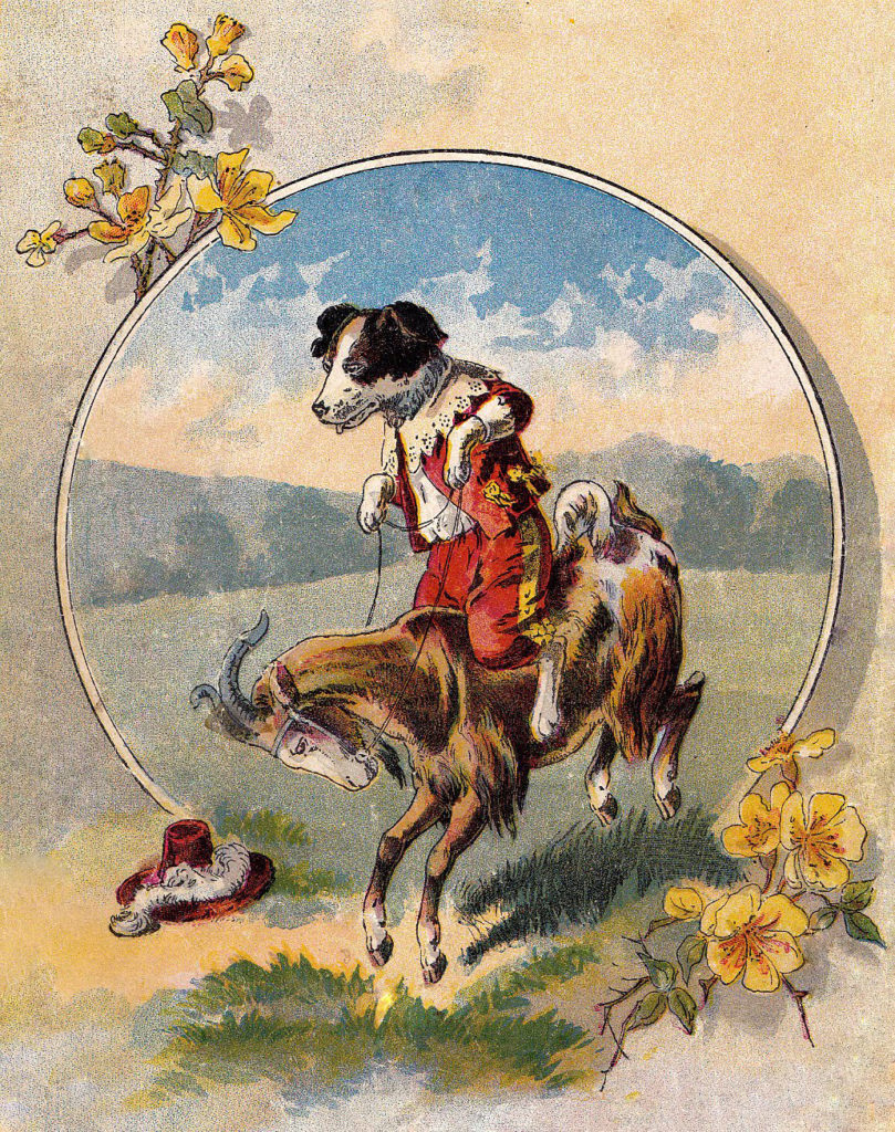 dog riding goat vintage image