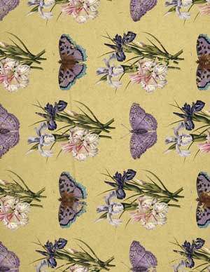 Background pattern with purple flowers and butterflies