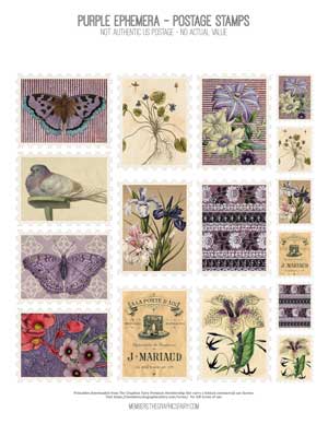 Collage with purple flowers and butterflies stamps