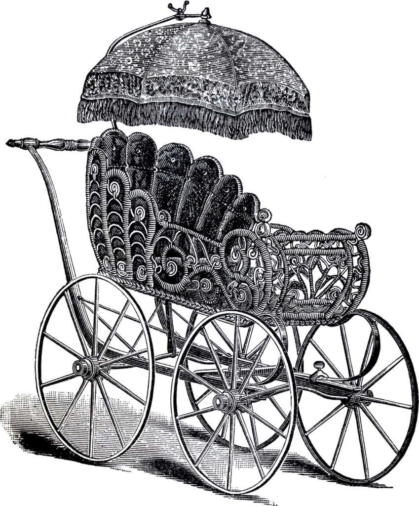 antique wicker baby carriage umbrella parasol illustration