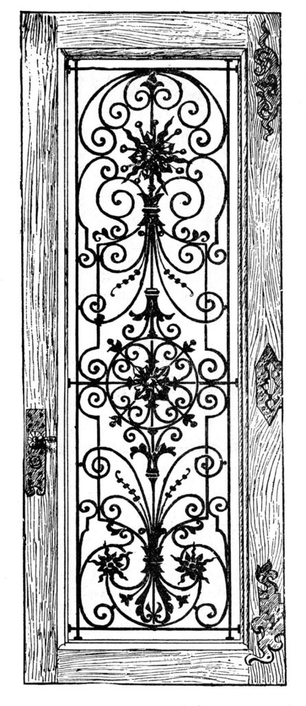 wood ornate iron door illustration