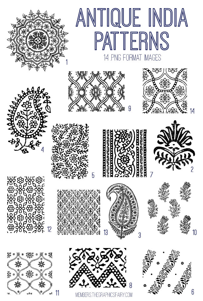 antique India patterns digital image bundle