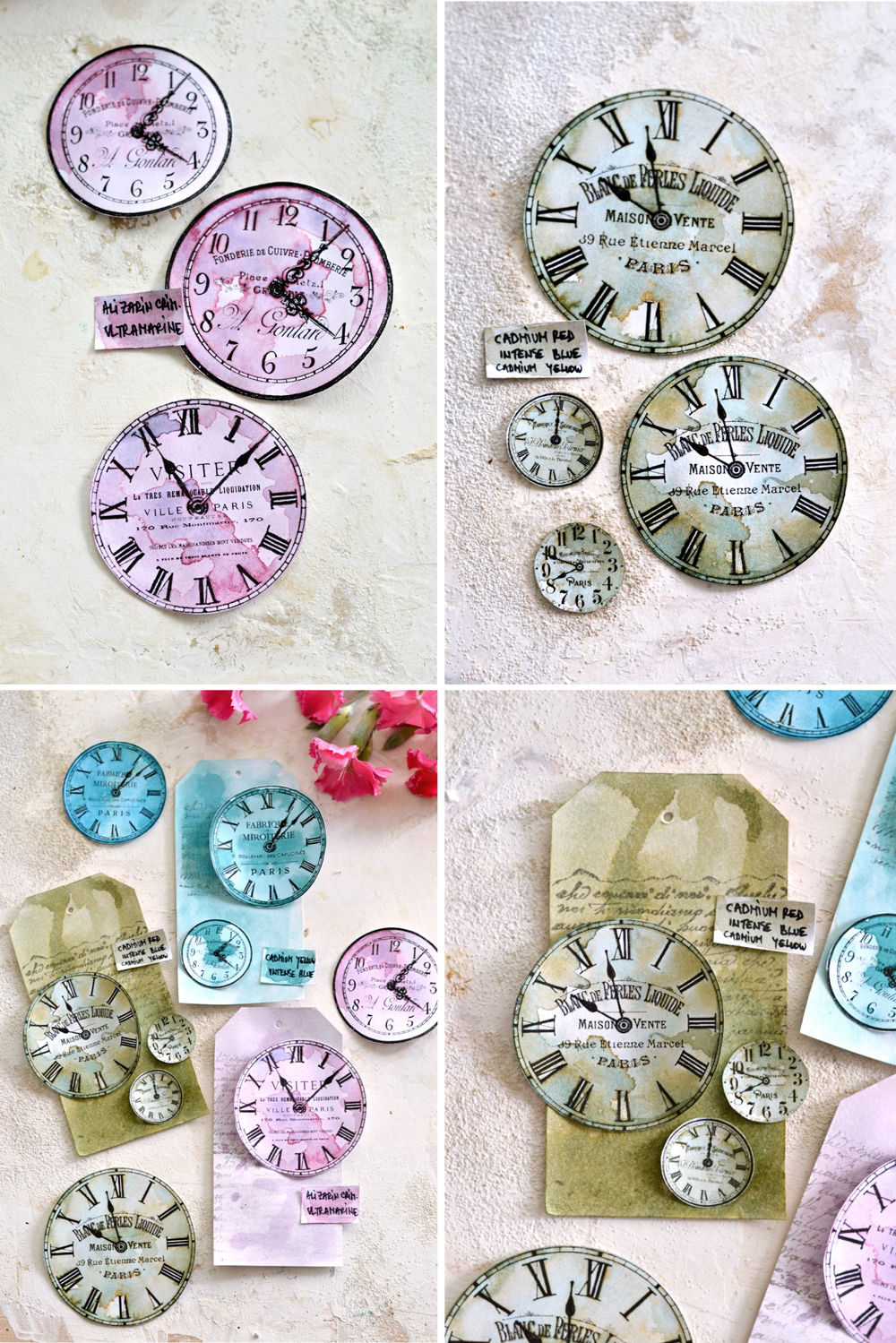 Clock faces in different sizes and colors