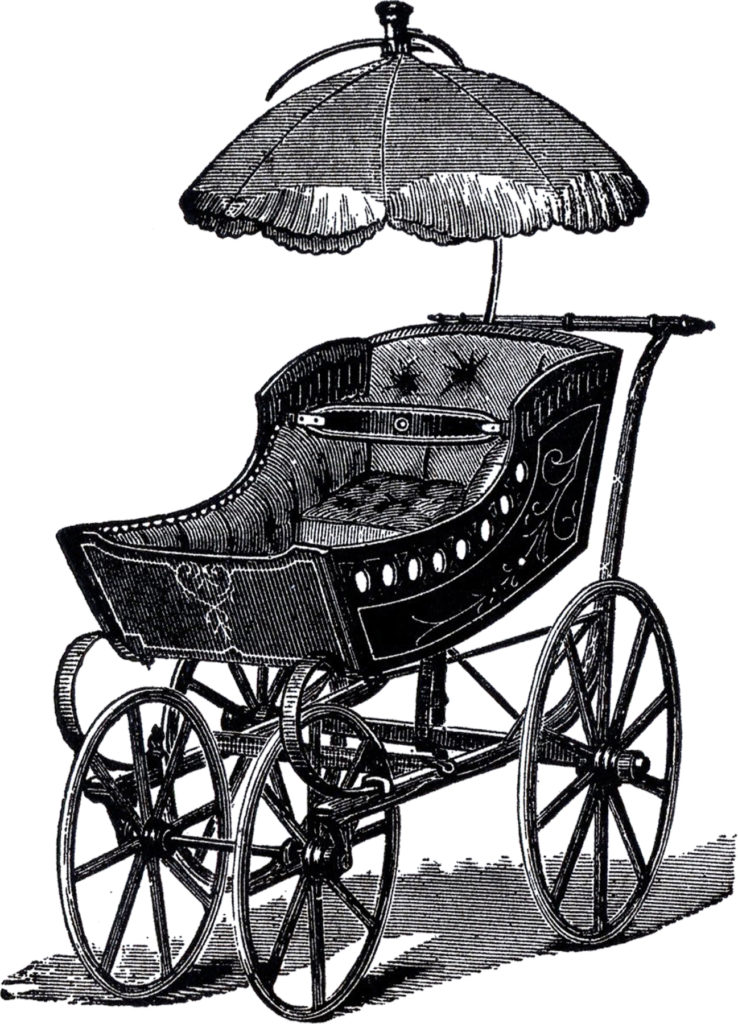 antique wicker baby carriage with parasol