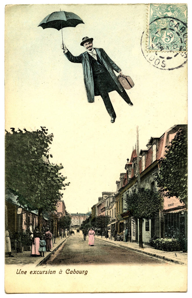 vintage postcard man flying umbrella image