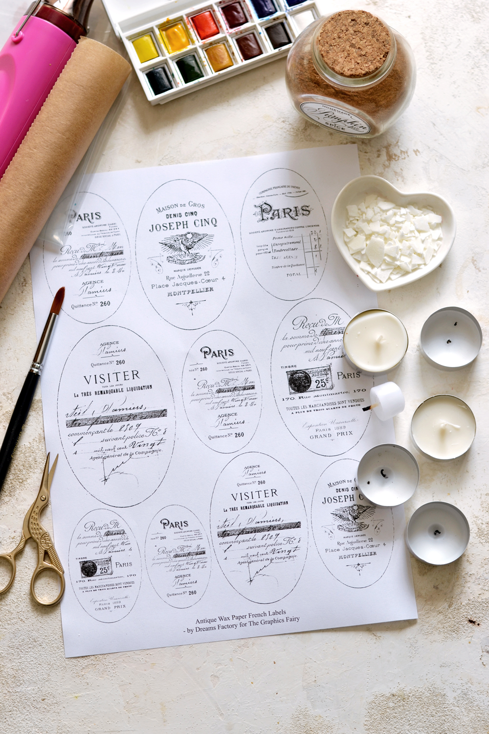French label printable with scissors and candles