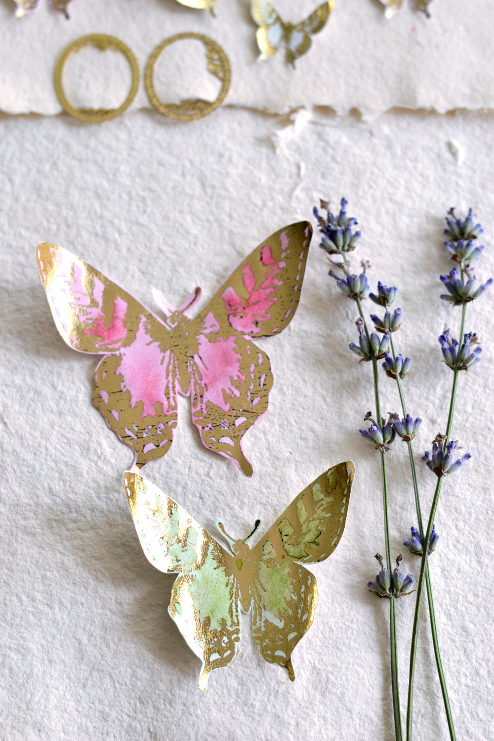 pink and gold butterfly with lavender