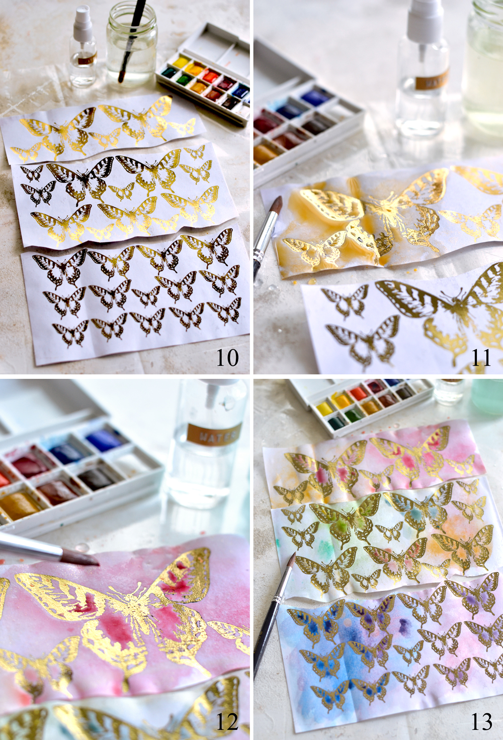 gold butterflies with paint